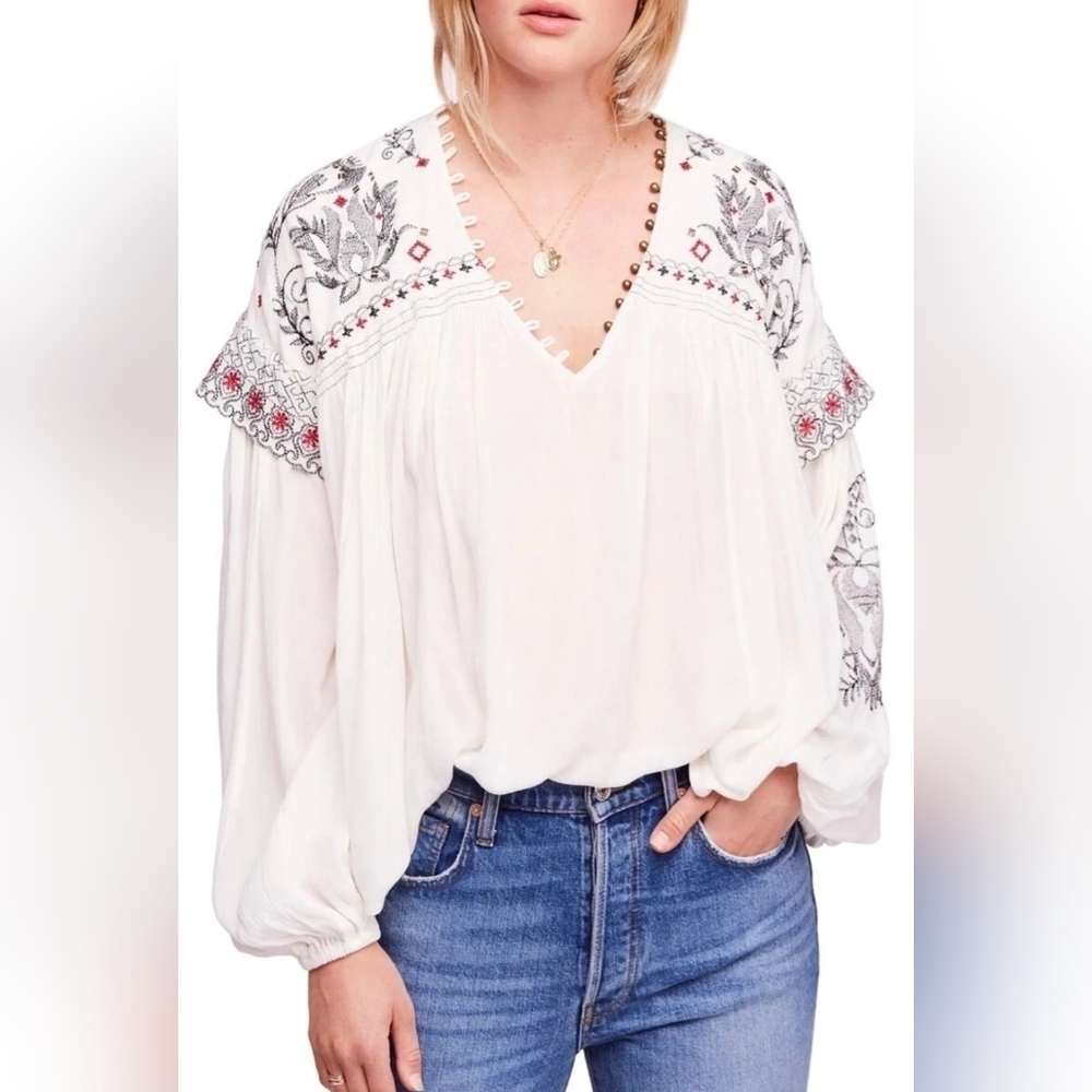 Free People Boho Rock It Tonight Embroidered White Blouse, Size S